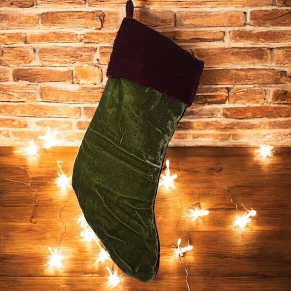 Pottery Barn Velvet Christmas Stocking - Dark Red Cuff, Green Stocking - Picture 1 of 4